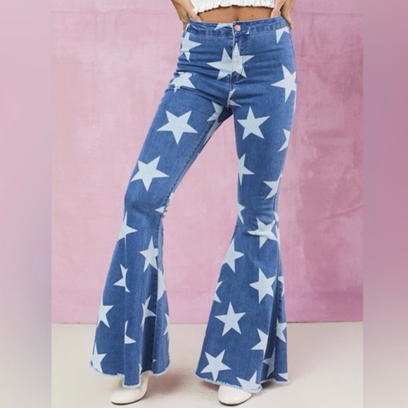 Altar’d State Women’s Blue White Star Flare Retro Bell Bottom Stretch Jeans Sz M - Picture 1 of 8